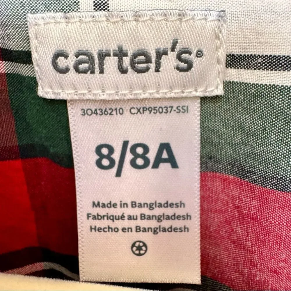 Carter’s Boys Kids Long Sleeve Festive Plaid Button Front Collared Shirt. 8.